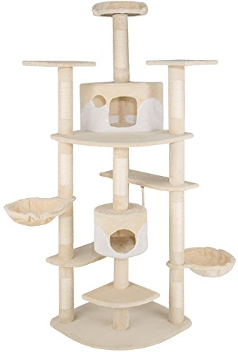 tectake® Katzen Kratzbaum groß, Katzenbaum mit Zubehör und Katzenspielzeug, XXL Katzenkratzbaum mit 2X Katzenhaus, Spielturm mit Kratzsäule, Kratzstamm aus Sisal - beige/weiß