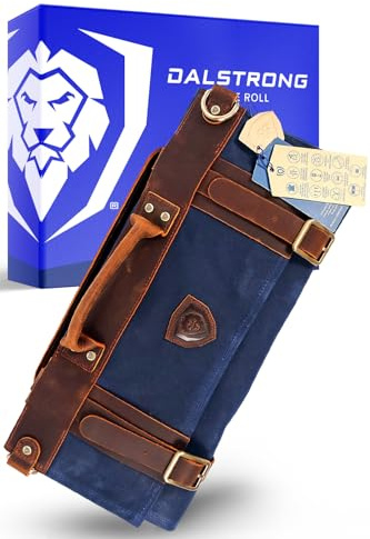 Dalstrong - Nomad Knife Roll - 12oz Heavy Duty Canvas & Top Grain Leather Roll Bag - 13 Slots - Interior and Rear Zippered Pockets - Blade Travel Storage/Case (Dalstrong Blue)