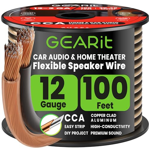 GearIT Pro Series 12 Gauge (2 x 4mm²) Speaker Wire Cable (30.4 Meters / 100 Feet/Black Clear) CCA Hifi Audio Speaker Cable Great Use for Car Audio and Home Theater Surround Sound Systems