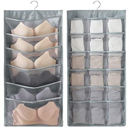 PERFETSELL Large Underwear Organiser for Wardrobe Wall Mount Bra Hanger Double Side Cloth Hanging Shelf Space-Saving Storage Bags with Hanger for Toys Purses Towels Socks Bra, 24 Mesh Pockets