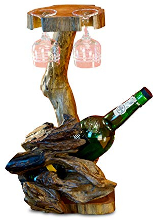 Teak Wurzelholz Flaschenständer - Flaschenhalter für Flasche und 3 Gläser - Präsentation oder Geschenkverpackung für edle Liköre und Weine (1 Flasche / 2 Gläser Natur)