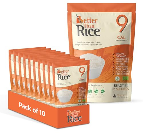 Better Than Rice Konjac Rice 385g (Pack of 10) – Ready in Minutes, Low Calorie Rice Alternative, Made with Organic Konjac Flour & Oat Fibre, Gluten-Free, Vegan, Zero Sugar, Fat Free