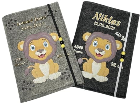 U Heft Hülle und Impfpass aus Filz - Personalisiert mit Namen - Untersuchungsheft Schutzhülle - Babygeschenke zur Geburt - Kinderuntersuchungsheft Mädchen und Junge - Löwe