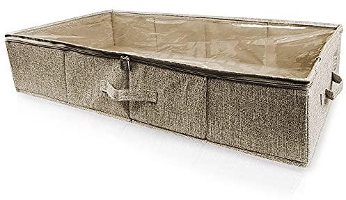 ohihuw Durable Cotton linen Under Bed Storage Box with Clear Lidded Large Organizer Bin for Clothes, Blankets, Comforters, Shoes,Toys, Foldable Container (Brown)