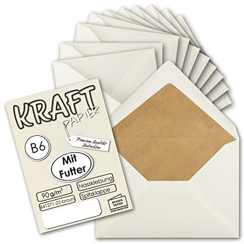 50x gefütterte Vintage-Umschläge DIN B6 125 x 176 mm Naturweiß 90 g/m² Seidenfutter braun Recycling Nassklebung Spitzklappe - UmWelt by GUSTAV NEUSER