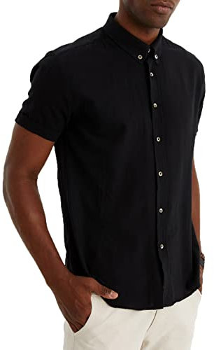 Leif Nelson Chemise d'été en lin pour homme - Manches courtes - Pour les loisirs et les affaires - Mélange de lin et de coton - Coupe droite, Noir , M