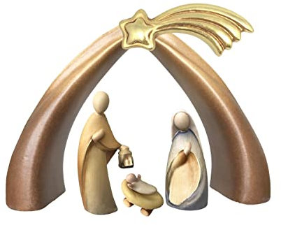 JS Garten Deko Krippe mit Krippenfiguren Stella Kollektion Heilige Familie H 14 cm Krippe Modern Heiligenfigur Holzfigur Holzstatue Dolfi