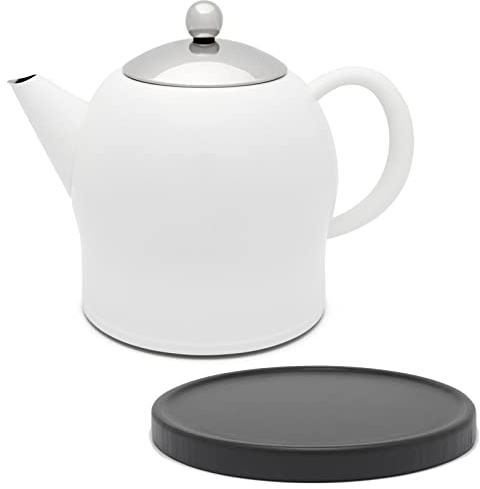 Bredemeijer doppelwandige Teekanne 1.4 Liter - matt weiße Edelstahl Kanne ohne Filter & schwarzer Holzuntersetzer - für längeren Teegenuss