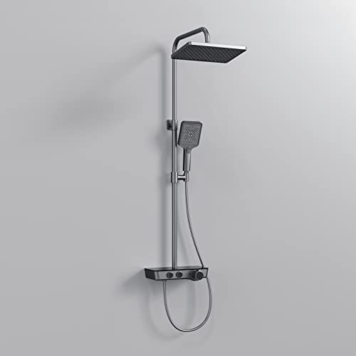 EMKE Colonne de douche thermostat, douchette à 3 puissances de jet, jet cascade, set de colonne de douche, set de douche avec étagère en verre,Anthracite mat