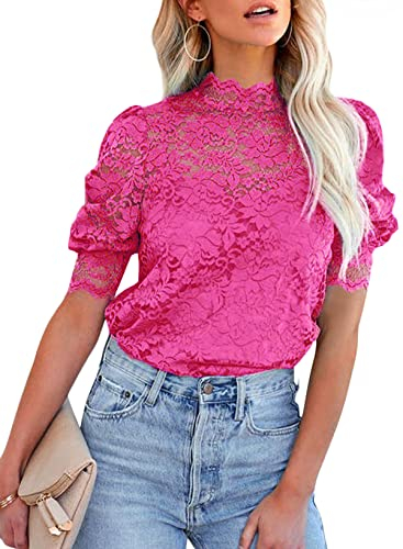 BLENCOT Damen Bluse Spitze mit Cami Tops Puff Kurzarm Stehkragen Elegant Hemden,Rose,XL