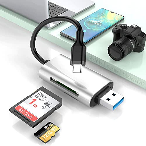 2-in-1 SD/Micro SD Card Reader, OTG Type C+USB A Memory Card Adapter for SD/Micro SD/SDHC/SDXC/MMC with Trail Game Camera Viewer for Phone/iPad Pro 2018/PC/Laptop/Samsung, No Need App, Plug &Play