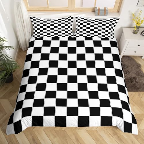 Black And White Buffalo Plaid Checkered Bedding Set Reversible Geometric Grid Comforter Cover Double For Kids Boys Men Farmhouse Gingham Duvet Cover Set Soft Lattice Quilt Cover Zipper 2 Pillow Cases