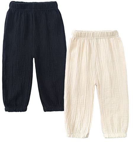 Pack de 2 pantalones bombachos unisex para bebé, de verano, de algodón, de lino, ligeros, transpirables, antimosquitos, informales