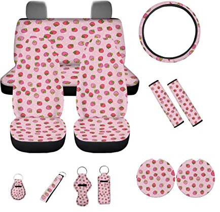Coloranimal Universelle Autositzbezüge, Rosa, Erdbeere, Auto-Zubehör, 13 Stück, staubdicht, Fahrzeug-Sitzkissen für Vorder- und Rückseite, Auto-Innen-Schutz-Set