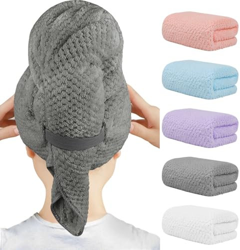 HOMEXCEL 5 Pack Mikrofaser-Haartücher - 40 x 20 Zoll Superweich, schnell trocknende Tücher für langes, Dickes, lockiges Haar - Anti-Frizz-Wickel mit elastischem Band
