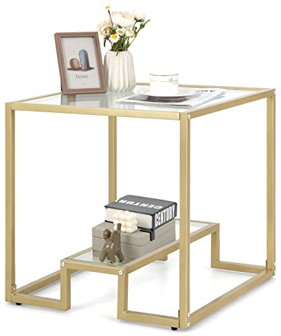 COSTWAY Table d'Appoint à 2 Étagères en Verre, Bout de Canapé Doré 56x56CM avec Repose-Pieds Réglables, Style Moderne, Petite Table Basse pour Salon, Chambre, Bureau