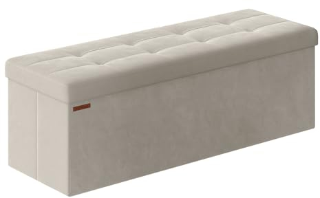 SONGMICS Sitzhocker mit Stauraum, klappbare Sitzbank, 38 x 110 x 38 cm Fußbank, Aufbewahrungsbox, bis 300 kg belastbar, für Wohnzimmer Schlafzimmer Flur, cremeweiß LSF277W01