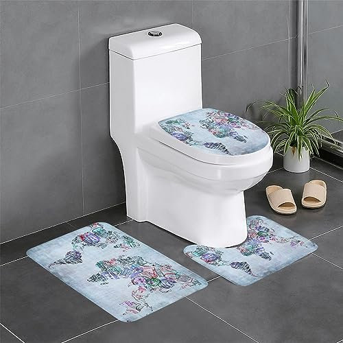 Gearsly Badezimmermatten-Set, Motiv: Weltkarte, Reisepass, Stempel, 3-teilig, superweiche Badematte und U-förmige WC-Vorleger, rutschfest, wasserabsorbierende Bodenmatte, waschbar, Heimdekoration