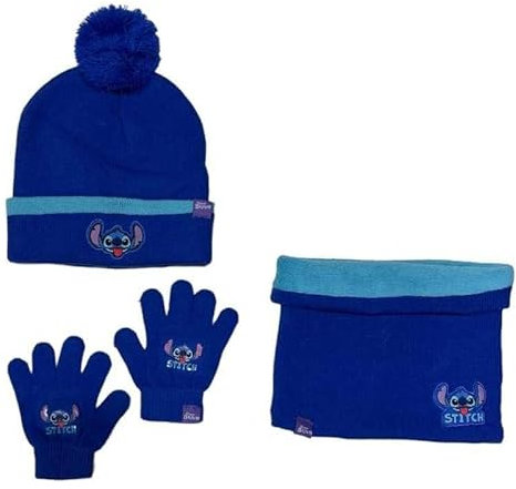 Ensemble Bonnet Gants cache cou Stitch Disney (snood ou tour de cou double a l'interieur) (Ensemble bonnet + gants + snood Stitch Disney)