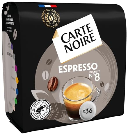 CARTE NOIRE – Café en Dosettes Souples Espresso N°8 - Certifié Rainforest Alliance - 10 Paquets de 36 Dosettes – Compatibles Senseo (360 dosettes)
