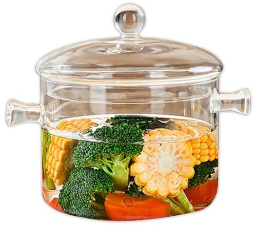 Pot en Verre, 1,9 L / 64 oz en Verre résistant à la Chaleur Pot de Cuisson avec Couvercle, Pot de Verre Transparent pour Cuisiner sur Le poêle