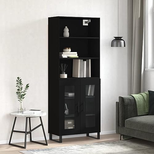 Highboard Schwarz 69,5x34x180 cm Holzwerkstoff, JUNZAISideboard Wohnzimmer, Bücherschrank, Wohnzimmerschrank, Hochschrank, Wohnschrank, Buffetschrank, Vorratsschrank 3189342
