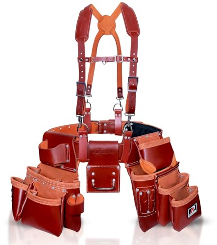 AP-LEATHER PRO-19 100% Genuine Full Grain Leather Tool Belt/Pouch/Bag, tool belt with suspenders, Comfort Back Support Tool Pouches With Suspenders (Maroon)