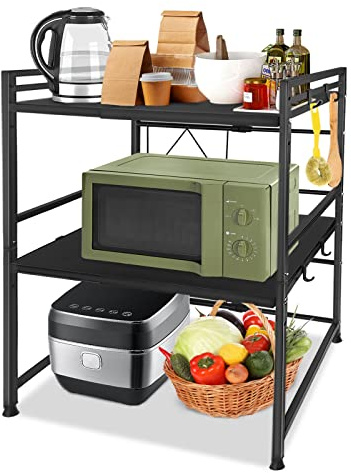LILIIN Mikrowellen Regal 3-stufiges Erweiterbares Regal Küche Mikrowellenregal Standregal mit 3 Haken zum Aufhängen, Stauraum für Küchentheke, Organizer, Druckerständer, Schwarz