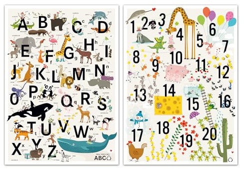 viilou Poster ABC + Zahlen Set Plakate Kinderzimmer Lernposter Buchstaben Print Illustriertes Alphabet Tiere Zahlenposter Illustration Wandkunst