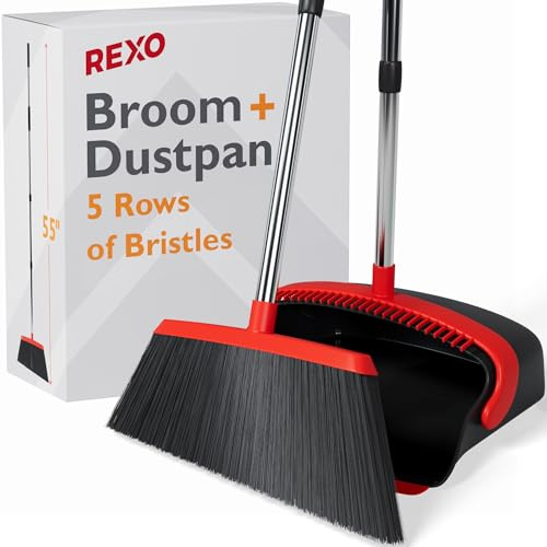 REXO - 55 Adjustable Long Handled Dustpan And Brush Set. Ergonomic Tall Standing Dustpan Brush Set With Long Handle, Lobby Broom For Everyday Sweeping (Red, Black)