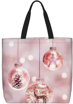 MQRCGYKF Große Kapazität, Reißverschluss, leichte Tragetasche, Schultertasche für Fitnessstudio, Wandern, Einkaufen, Picknick, Reisen, Strand., Rosa Weihnachtskugel, Einheitsgröße
