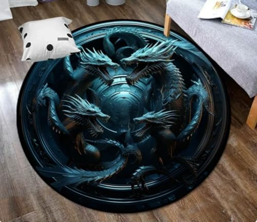 KIESEY Runder Teppich mit Cartoon-Drachen-Motiv, Kunstdruck, runder Teppich, Yoga-Matte, Rutschfester Teppich für Wohnzimmer und Schlafzimmer 100cm