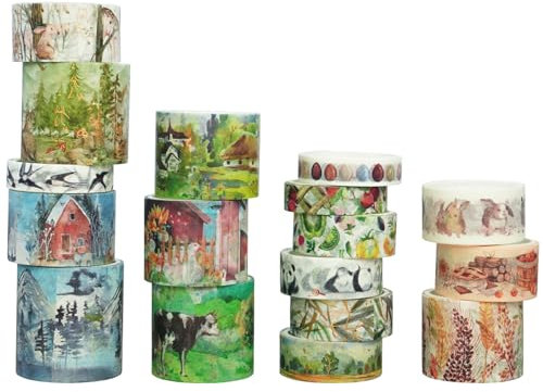 18 Rollen Washi Tape Set mit Motiven aus Bergwäldern, Tieren, Seen und Bronzieren, Dekoband für Fotoalben, Sticker für Kinder, DIY Tape für Scrapbooking und kreatives Basteln,2m pro Rolle