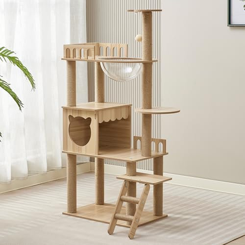 Mekidulu KT-022 Tour à chat moderne en bois pur de 135 cm avec niche, escaliers, bol, 9 griffoirs en sisal, perchoir supérieur, balles pour jouets, pour chats d’intérieur et adultes