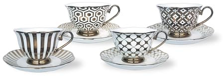 heritage Fine Bone China Cups and Saucers Set, 4 Pieces, Geometric Patterns Free UK DELIVERY