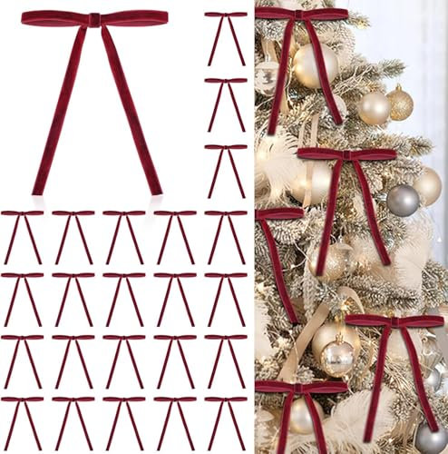 24 Stück Samt Weihnachtsschmuck, Rustikale Samtschleifen für den Weihnachtsbaum, Vorgebundene Vintage Weihnachtsschleifen für Kränze, Geschenke und Weihnachtsdekoration, Samtschleifen (Dark Red)