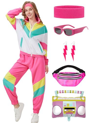 Coseaon 80er 90er Jahre Outfit Damen Trainingsanzug Jacke Hose Anzug 80er Retro Kleidung Accessoire 80s Kostüm Halloween Karneval Party (RosaWeiß, 2XL)