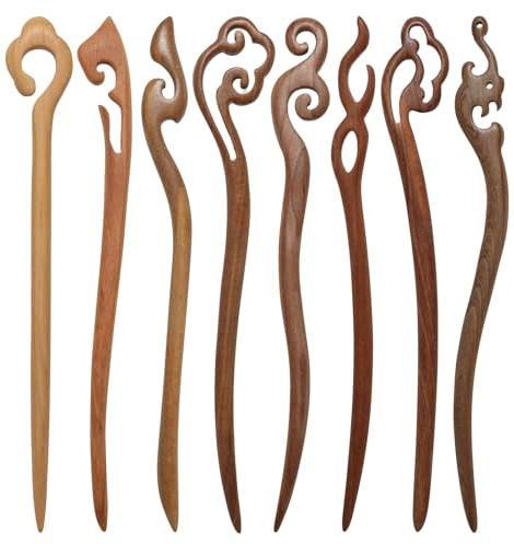 Ngdhkd Lot de 8 bâtons à cheveux chinois en bois pour femme - Motif rétro classique - Pour cheveux longs - Fait à la main - Accessoires pour cheveux longs