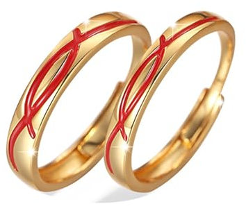Calefee Anelli Filo Rosso Oro, Anello Coppia Argento 999 Fidanzamento Regolabile Anello a Fascia In Oro con Smalto Rosso