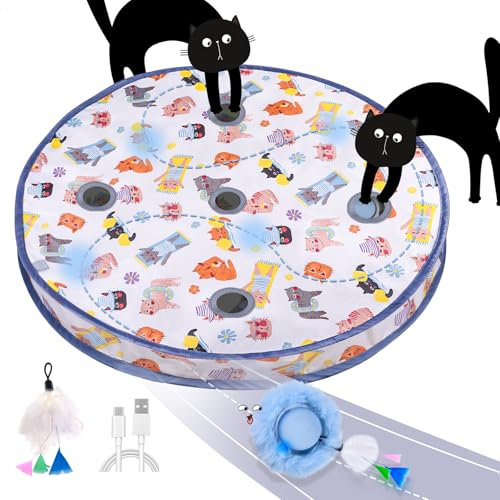 GoldenSun Katzenspielzeug, Bewegungs-Zwitscher-aktivierter Beweglicher Ball, Matten-Mäusefangspiel Blau, 5-Loch-Versteckspiel für Katzen im Innenbereich
