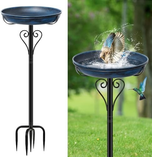 ODSNANIE Vogeltränke Stehend, Futter Schale Vogelbad für Draußen Garten, Metall Vogelbecken Schüssel Wildvogeltränken Wassertränke, Vogeltränke Winterfest Futter Wasserschale（Vintage Blau）