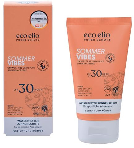 eco elio LSF 30 nachhaltige Sonnencreme 75ml Sommer Vibes I Wasserfeste Sonnencreme ohne Octocrylene und Mikroplastik I Sonnencreme Kokosduft I Sunscreen Face Sonnencreme Körper 30