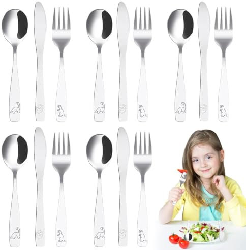 Kinderbesteck Set 15-teilig, Besteck Kinder Edelstahl mit Gravur Dinosaurier, Besteckset mit Messer, Gabel und Suppenlöffel für Kinder ab 3 Jahre, Geschenke zur Taufe