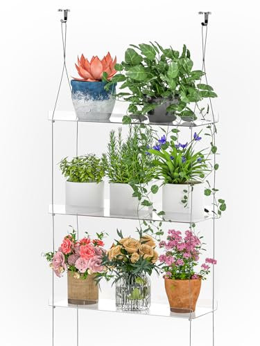 Toemics 3 Tier Window Plant Shelf Adjustable Acrylic Hanging Shelves Clear Floating Shelf Space Saving Planter for Indoor Succulent Plants, Micro Greens, Seed Starter Pots, Herb Planters