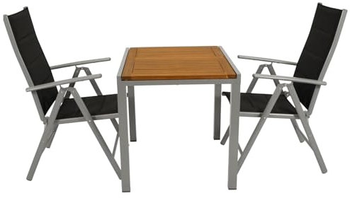 DEGAMO Gartengarnitur Vail 3-teilig, 2X Hochlehner Klappsessel Silbergrau und 1x Ausziehtisch Aluminium mit Tischplatte Akazie 80/120x70cm, Outdoor