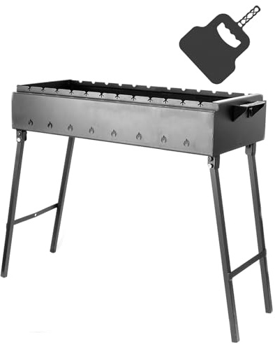 Mangal Klappbar Holzkohlegrill für 12 Spieße 2 mm Stahl 80x33 cm Schaschlik Grill Shashlychnik BBQ Klappgrill Ideal für Garten, Camping & Picknick