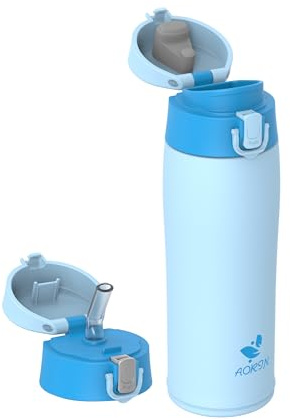 AORIN Trinkflasche Edelstahl 18/8, 500ml, Auslaufsicher Thermoskanne Isolierflasche Doppelwandig mit 2 Deckel, BPA-Frei Sportflasche, Trinkflaschen für Sport, Schule, Outdoor