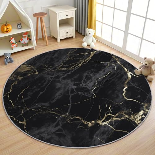 AevuCub Marmor Teppich Rund 200cm Kurzflor - Waschbare Teppiche Wohnzimmer Abstrakt Schwarz Gold - Runder Teppich 200 cm Durchmesser Kinderzimmer - Bettvorleger Schlafzimmer rutschfest Weich