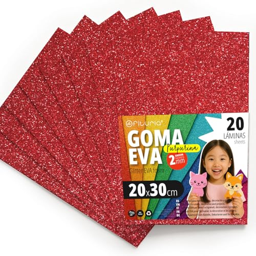 OFITURIA Glitzer-Moosgummi für Bastelarbeiten, Bunter Schaumstoff mit Glitzer für DIY, kreative Projekte, Kunst und Schule 20x30cm (Rot, 20 Stk)