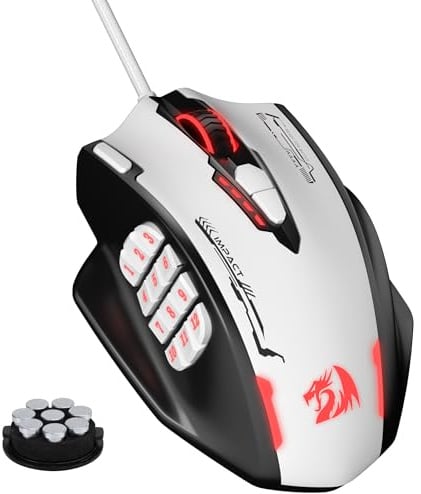 Redragon M908 Impact Ratón MMO Cableado RGB 24000 dpi Alta Precisión | 18 Teclas Macro Programables Agarre Cómodo Ergonómico Color Negro y Blanco Óptico